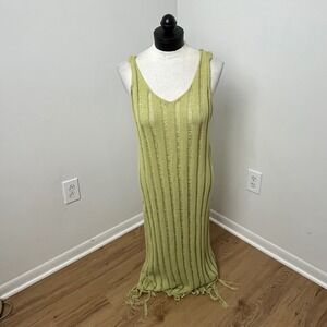 Whimsy Earthy Fairycore Boho Green Knit Fringe Maxi Bodycon Dress Womens Size XL